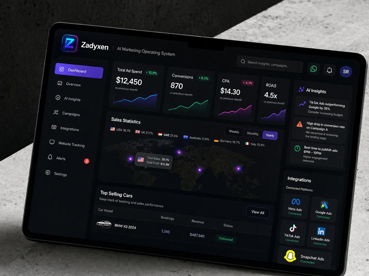 Zadyxen Dashboard — Vue d'ensemble des performances marketing